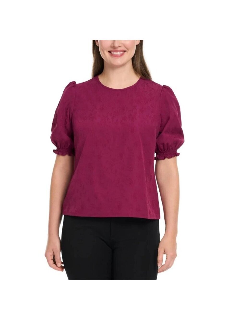 Ted Baker Jacquard Puff-Sleeve Blouse Size Small Berry Red Polyester Blend L1482